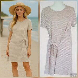 “L Love Inc" Neutral Striped BohoTee Shirt Dress Swim Cover Up with Side Tie